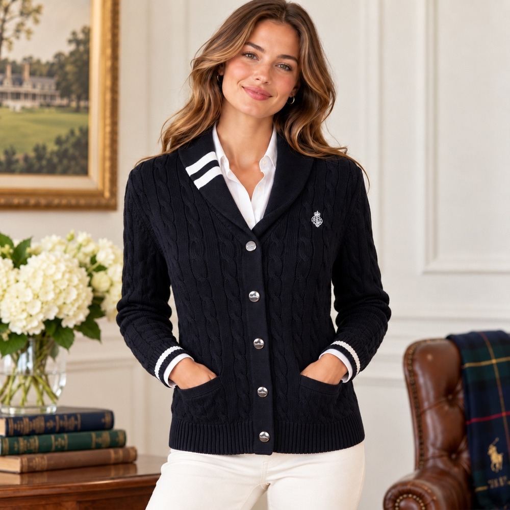 Lauren Ralph Lauren Cable Knit Cardigan Women's Medium Black Preppy Varsity